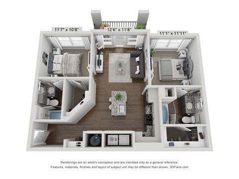 Floor plan for 2 beds, 2 baths, 969 sqft